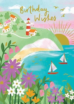a birthday card with a lighthouse , flowers , and sailboats in the ocean .