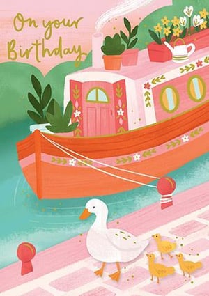 a birthday card with a duck and ducklings on a boat .