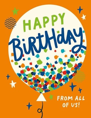 Brighten someone's special day with our cheerful 'Open Birthday' card from Paper Rose! This vibrant design features a playful white balloon bursting with colourful confetti, set against a lively orange background. Bold green and blue lettering proudly declares 'HAPPY BIRTHDAY', with a warm 'FROM ALL OF US!' message to make the recipient feel truly celebrated. Adorned with whimsical stars and abstract patterns, this card is perfect for spreading joy. Its modern, friendly style makes it a fantastic choice for any birthday celebration. Available in a convenient pack of 6, it's an excellent addition to your card selection.