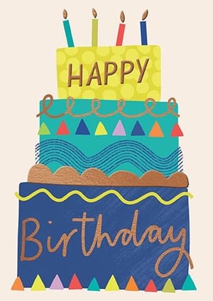 Celebrate in style with our vibrant 'Open Birthday Male' card from Paper Rose! This eye-catching design features a beautifully illustrated tiered birthday cake, bursting with colour and charm. The playful layers showcase bold shades of yellow, teal, and deep blue, adorned with cheerful 'HAPPY Birthday' lettering and a quartet of flickering candles. Textured details, colourful bunting, and shimmering accents add a touch of modern sophistication. Perfect for a wide range of male recipients, this versatile card offers a contemporary and joyful way to send your best wishes. Stock up with our convenient pack of 6 and ensure your customers have the perfect card for every special occasion.