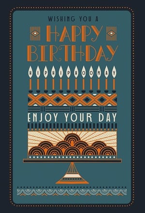 Celebrate in style with this striking Art Deco-inspired birthday card from Paper Rose. Perfect for the discerning recipient, its elegant design features a sophisticated teal background, vibrant orange lettering, and intricate geometric patterns. A beautifully illustrated birthday cake, complete with 'HIP HIP HOORAY' candles, takes centre stage, alongside warm wishes of 'WISHING YOU A HAPPY BIRTHDAY' and 'ENJOY YOUR DAY'. This versatile card offers a unique blend of vintage charm and modern appeal, making it an excellent choice for a male birthday. Stock up on this distinctive design, available in a convenient 1x6 pack, and offer your customers a truly memorable way to send their best wishes.