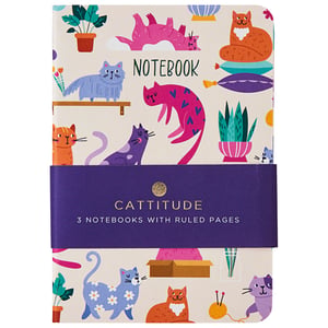 a cattitude notebook with ruled pages and cats on it