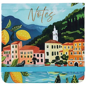 a notebook with a picture of a city and the words notes on it