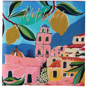 a colorful painting of a city with lemons and buildings