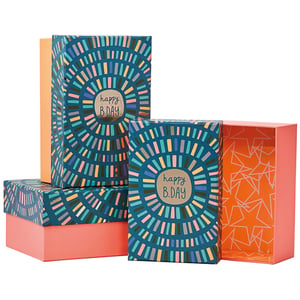 three boxes with the words happy b day on them