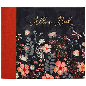a black address book with flowers and butterflies on it