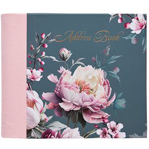 a blue address book with pink flowers on it