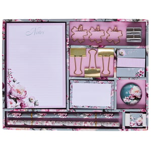 a set of office supplies with a notepad that says notes