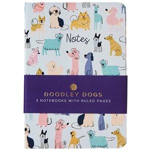 a notebook with a purple band that says doodley dogs
