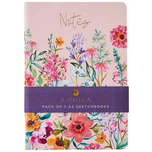 aurora pack of 3 a5 sketchbooks with flowers on the cover