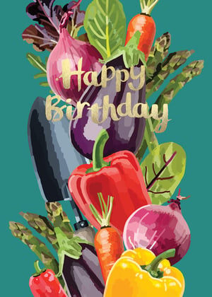 a birthday card with vegetables and the words happy birthday
