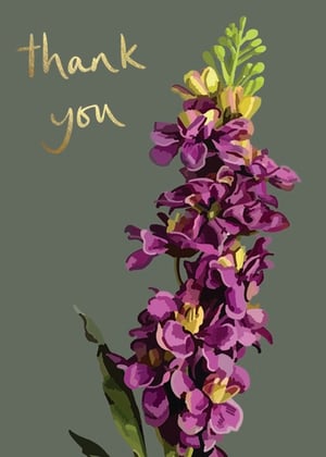 a thank you card with purple and yellow flowers