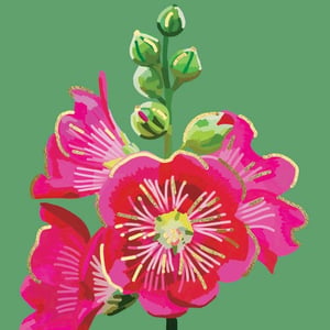 a painting of a pink flower on a green background