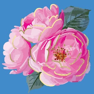 a painting of pink flowers on a blue background