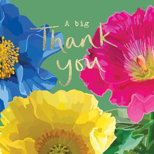 a thank you card with colorful flowers on a green background