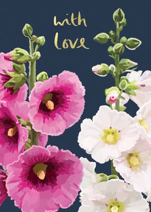a painting of pink and white flowers on a dark blue background with the words `` with love '' .