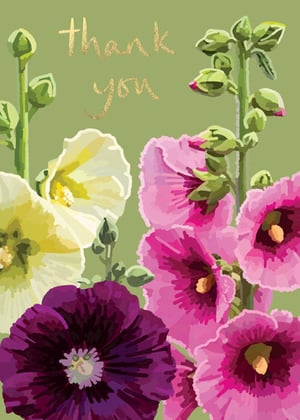 a thank you card with purple and white flowers