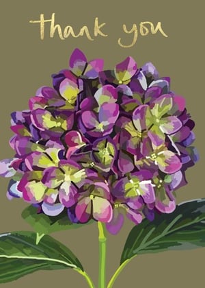 a thank you card with a purple flower and the words `` thank you '' .