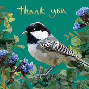 a thank you card with a bird and flowers