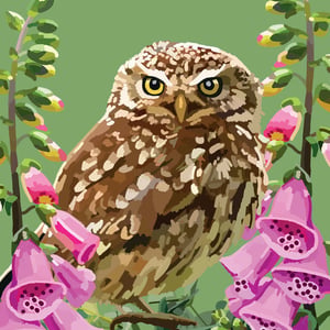 an owl is sitting on a branch surrounded by pink flowers .