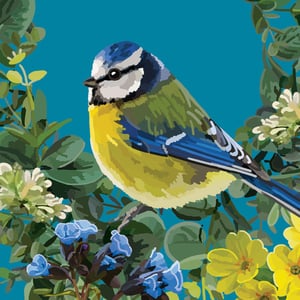 a painting of a blue and yellow bird surrounded by flowers