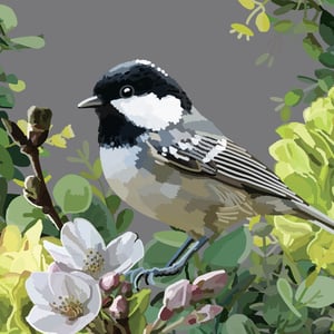 a painting of a bird sitting on a branch with flowers