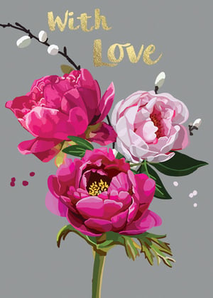 a greeting card with pink and white flowers and the words `` with love '' .