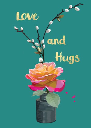 a flower in a vase with the words love and hugs above it