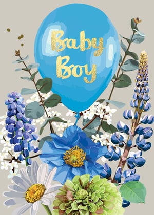 a blue balloon with the words `` baby boy '' written on it is surrounded by blue flowers .
