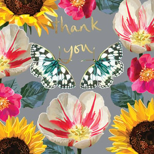 a thank you card with flowers and butterflies