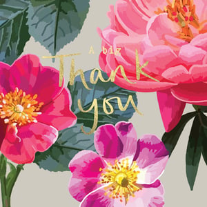 a thank you card with pink flowers and gold lettering