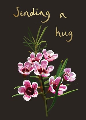 a card with pink flowers and the words sending a hug