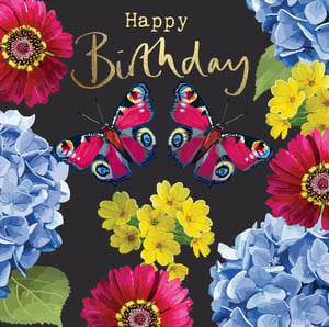 a birthday card with flowers and butterflies and the words happy birthday
