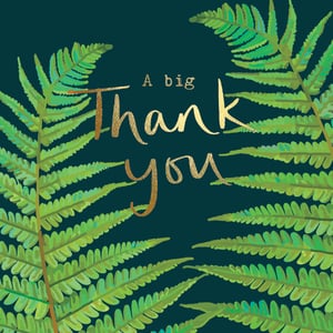a thank you card with fern leaves on a dark background