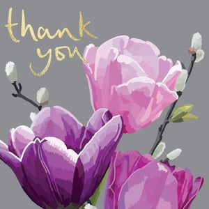 a thank you card with purple and pink flowers