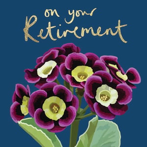 a card that says on your retirement with purple flowers