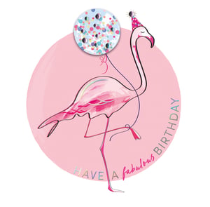 a pink flamingo is holding a balloon and says have a fabulous birthday