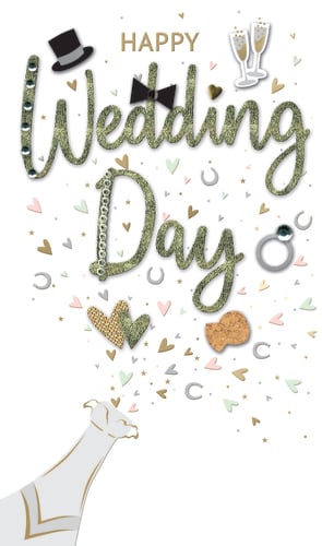 a happy wedding day card with a bottle of champagne