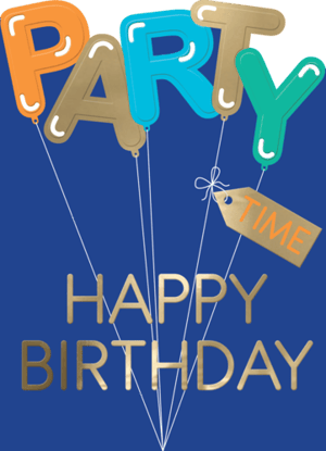a blue background with balloons that say party time and happy birthday