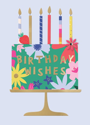 a birthday card with a cake with candles and flowers on it