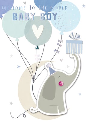 a welcome to the world baby boy card with an elephant and balloons