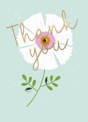 Offer your customers a truly heartfelt way to express gratitude with our exquisite 'Thank You' card, proudly supplied by Second Nature. This charming design showcases a beautiful white daisy-like flower, featuring delicate petals, a soft pink inner ring, and a shimmering gold centre with a subtle gem detail. The elegant gold script of 'Thank You' gracefully floats above the bloom, complemented by a fresh green stem and leaves, some adorned with sparkling embellishments. All set against a serene pale blue background with a scattering of tiny white dots, this card exudes a gentle elegance. It's the perfect choice for any occasion requiring a thoughtful note of appreciation. Available in a convenient pack size of 1x6, this design is sure to be a popular addition to your card selection.