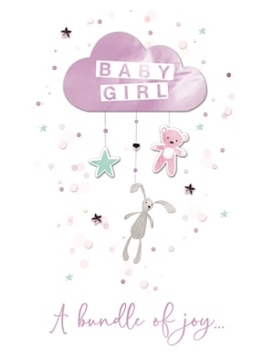 a baby girl greeting card that says a bundle of joy