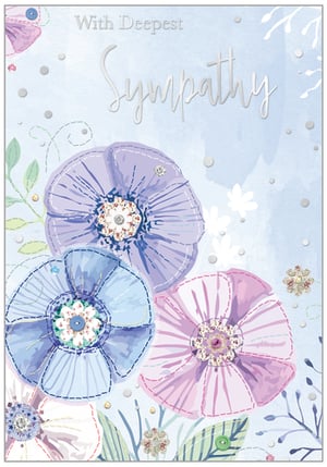 a sympathy card with purple and blue flowers on a blue background