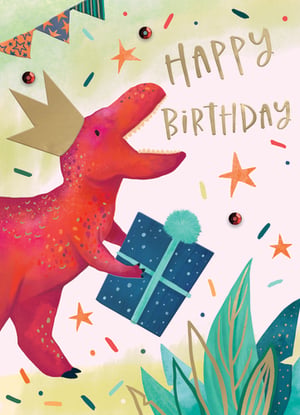 a birthday card with a dinosaur wearing a crown and holding a gift