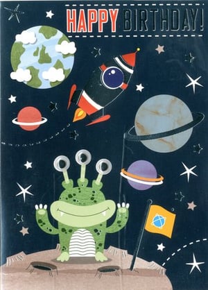 a happy birthday card with a frog on the moon