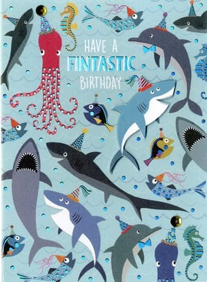a birthday card with sharks and octopus wearing party hats