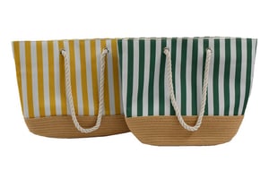 a yellow and green striped bag with rope handles