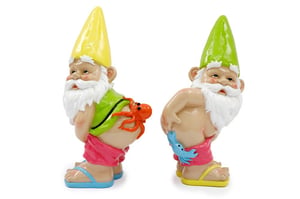 two colorful gnomes are standing next to each other