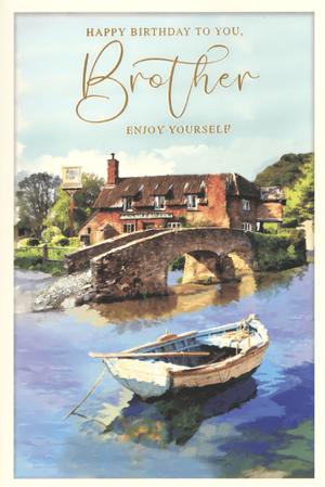 Send your Brother warm birthday wishes with this delightful card, featuring a truly charming scene. The beautiful artwork transports you to a peaceful waterside setting, showcasing a traditional inn, a rustic stone bridge, and a quaint boat resting gently on the water. It’s an idyllic snapshot, rendered with lovely painterly detail. The card carries the heartfelt message, 'Happy Birthday to You, Brother, Enjoy Yourself,' making it a perfect way to celebrate his special day. From Simon Elvin, this card is sure to be appreciated. Available in convenient packs of 6.